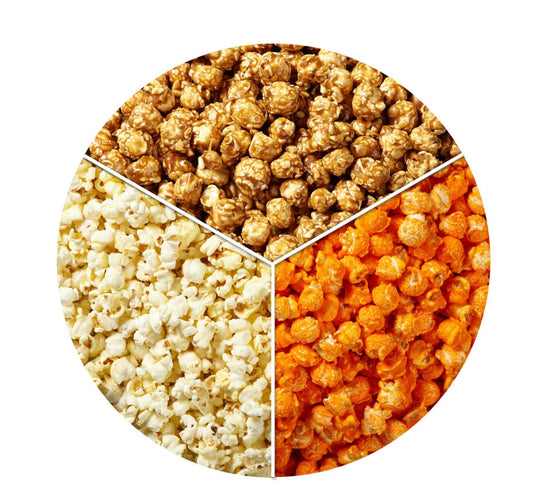 3 flavors of gourmet popcorn — caramel, cheese, and kettle white