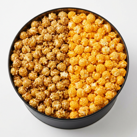 2 flavors of gourmet popcorn — caramel and cheese in a Jane's gift tin