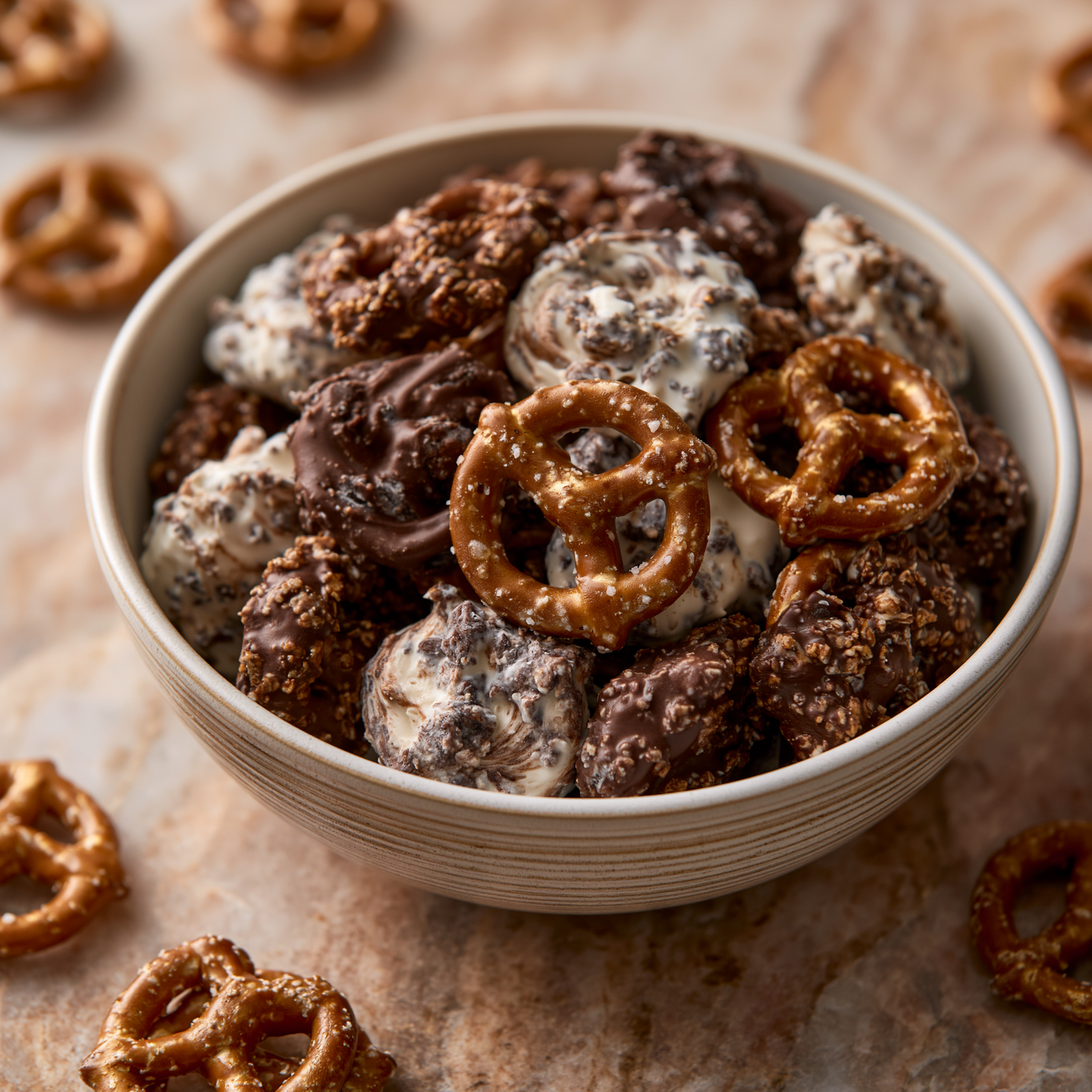 Gourmet chocolate and yogurt coated pretzels