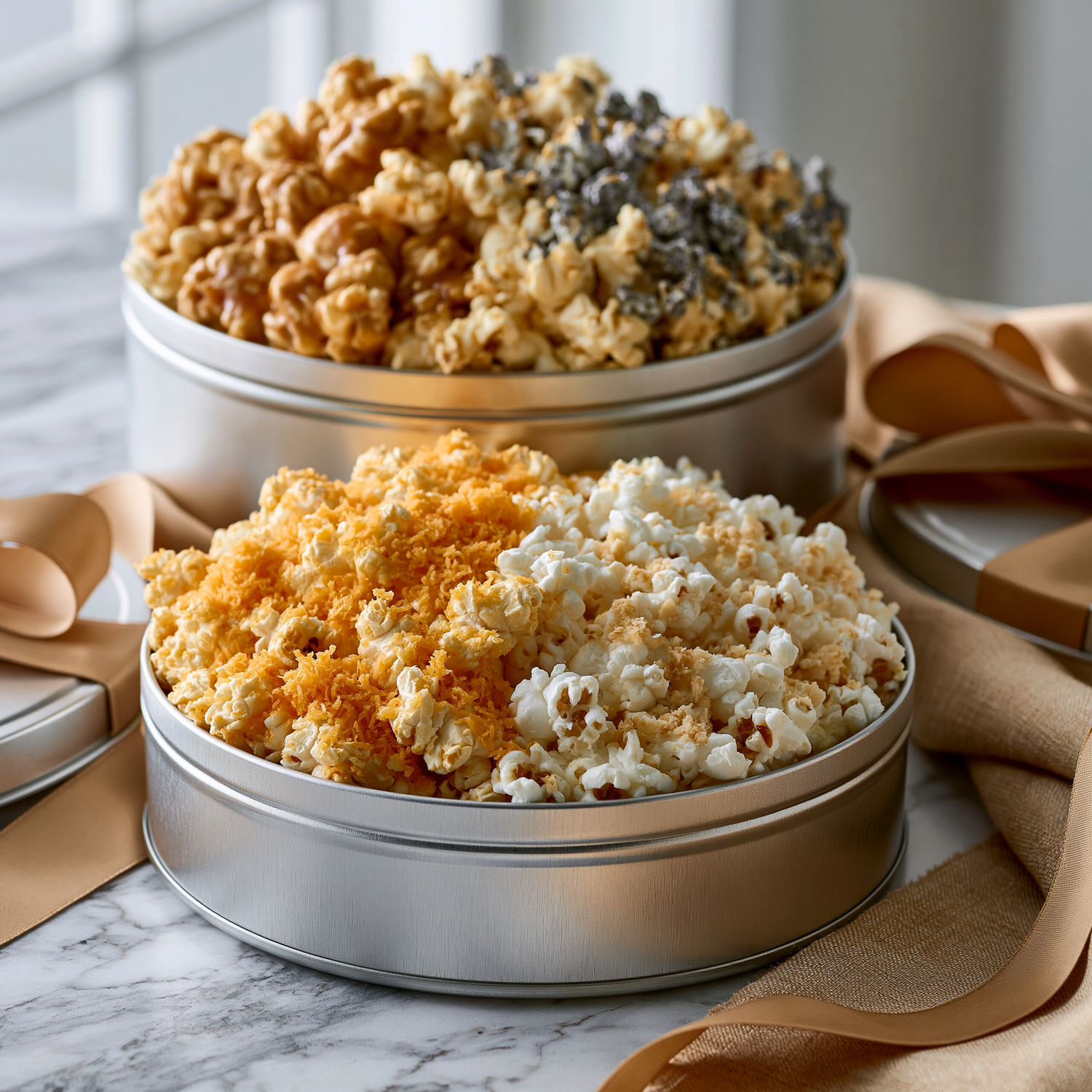 Gourmet popcorn gift tin with three flavors - caramel, cheese, and cheddar