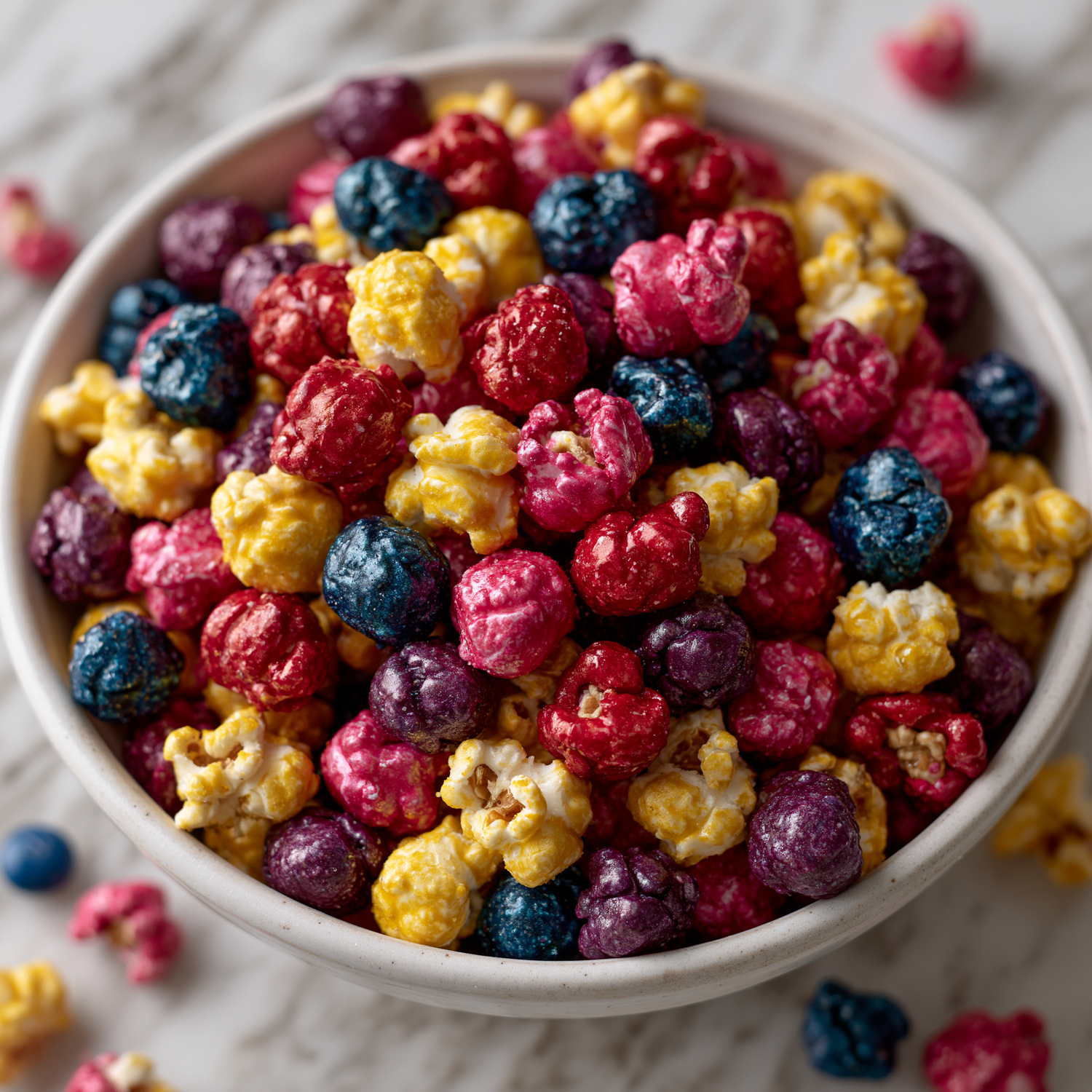Gourmet candy popcorn with bold candy shell coating