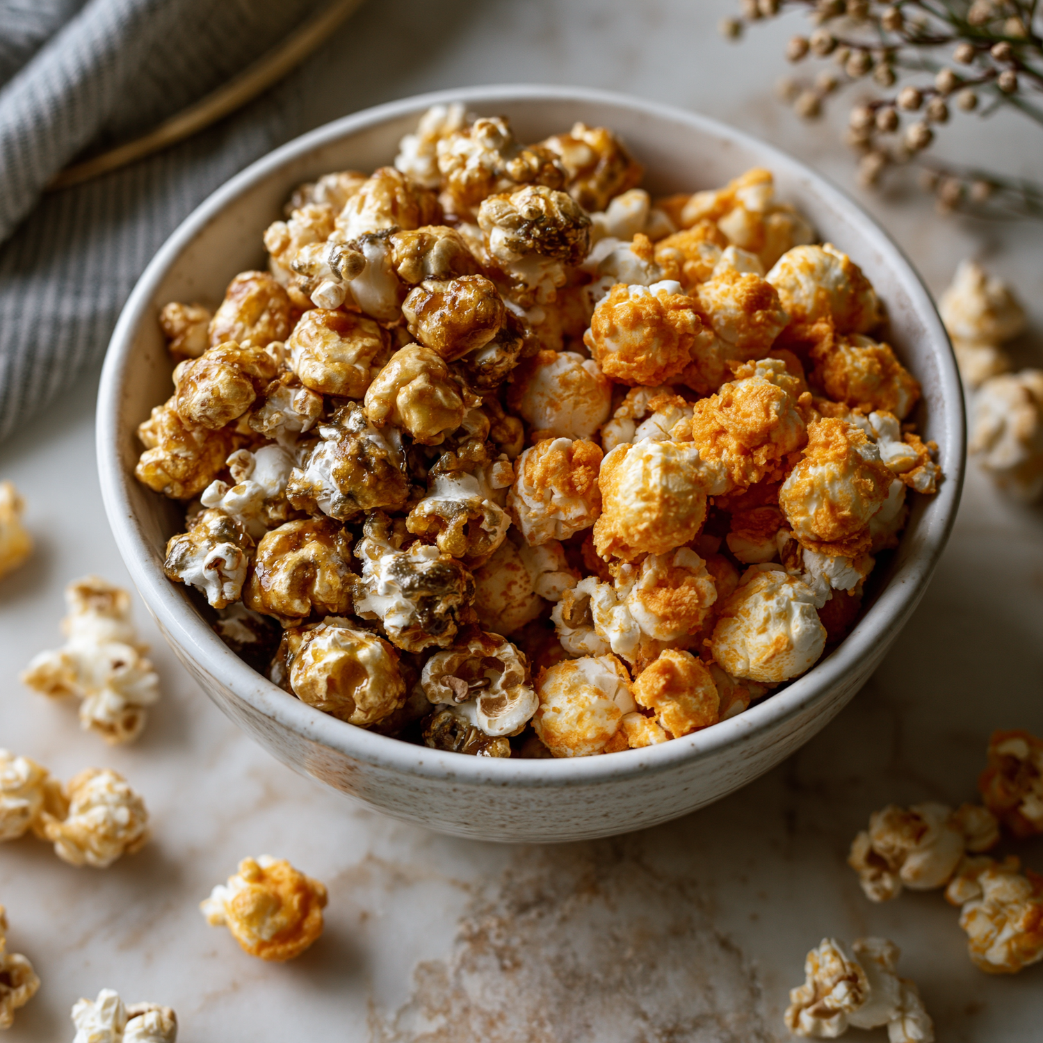 Gourmet mixed popcorn with caramel and cheese paste