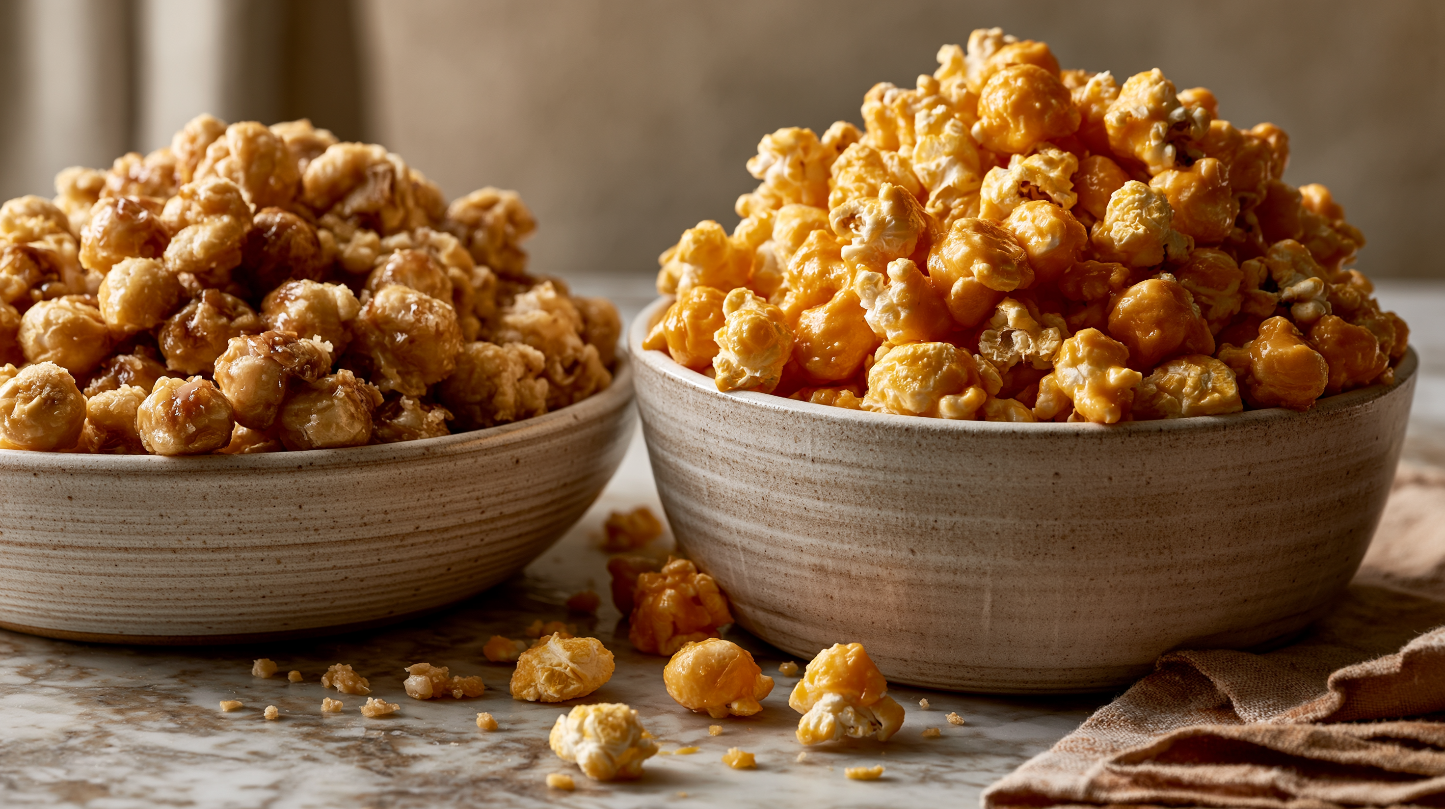 Jane's Gourmet Popcorn — caramel and cheese paste popcorn in ceramic bowls on marble