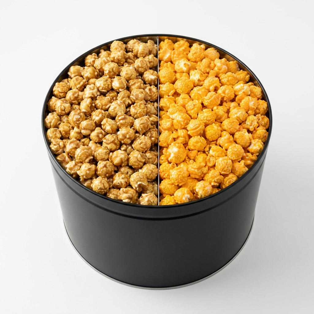 Jane's 2-flavor gift tin, angled — caramel and cheese side by side