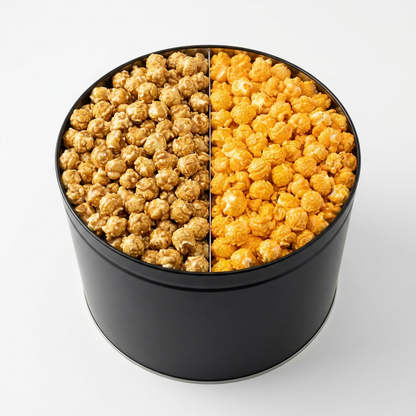 Jane's 2-flavor gift tin, angled — caramel and cheese side by side