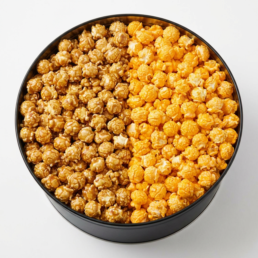 2 flavors of gourmet popcorn — caramel and cheese in a Jane's gift tin