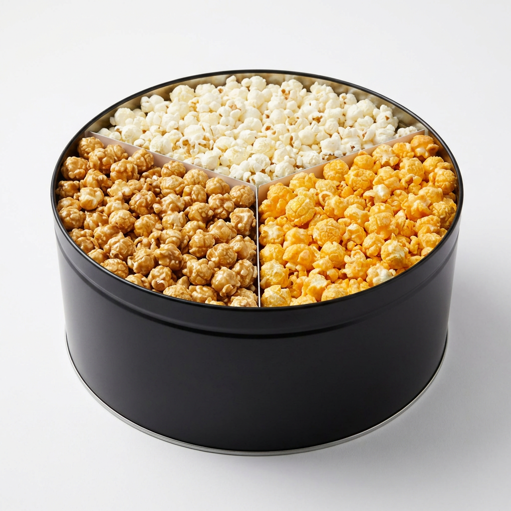 Jane's 3-flavor gift tin, angled — kettle white, caramel and cheese